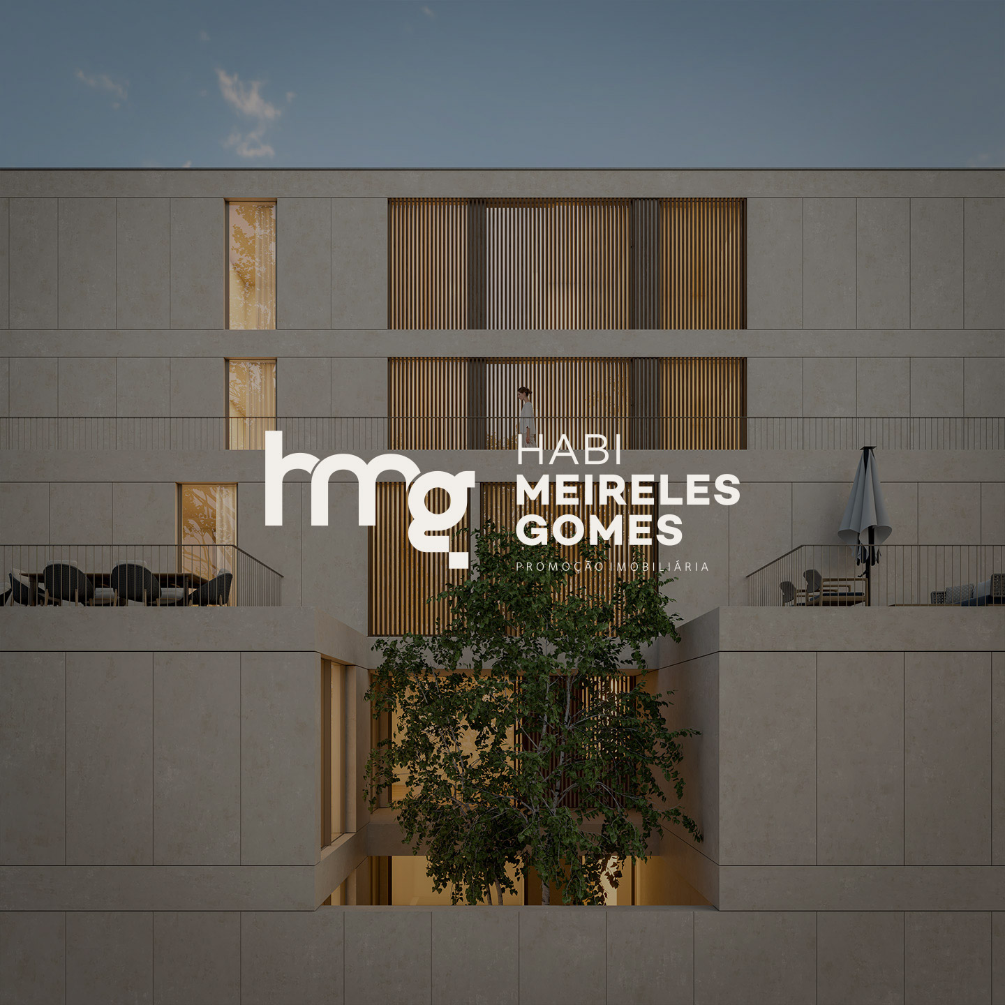 Exterior do empreendimento Prestige Living, no Porto, com logótipo Habi Meireles Gomes